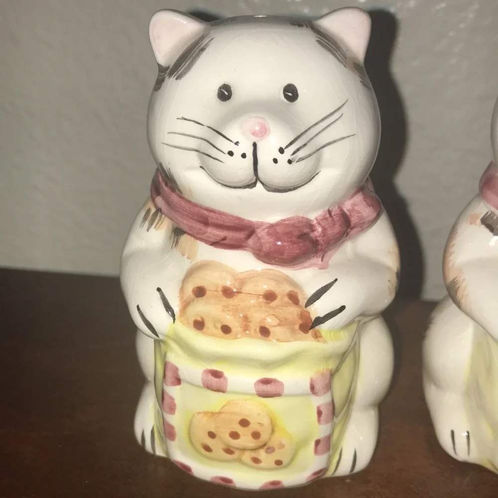 Matching Set Cat Salt and Pepper Shakers Cookies Bakers Unused Figurines